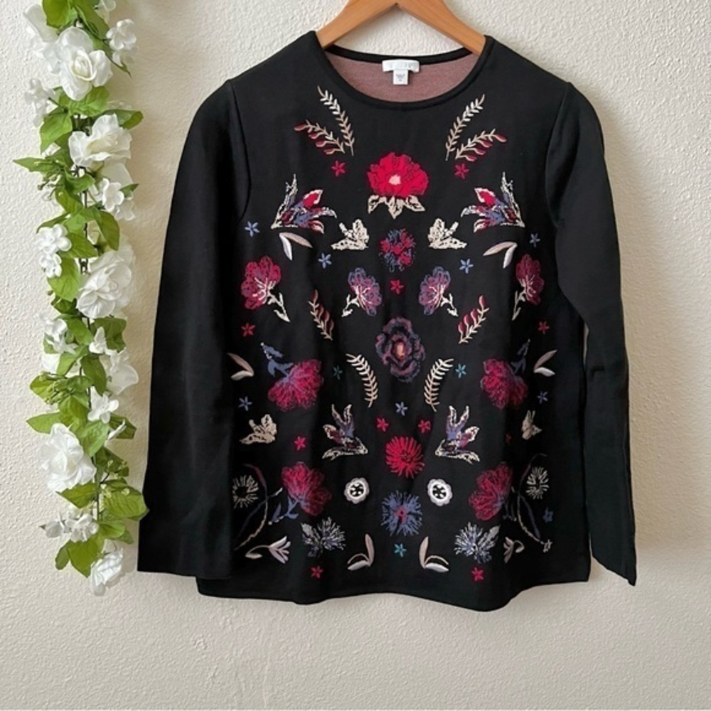 J Jill Black Floral Embroidered Cotton and Wool Oversized Pullover Sweater